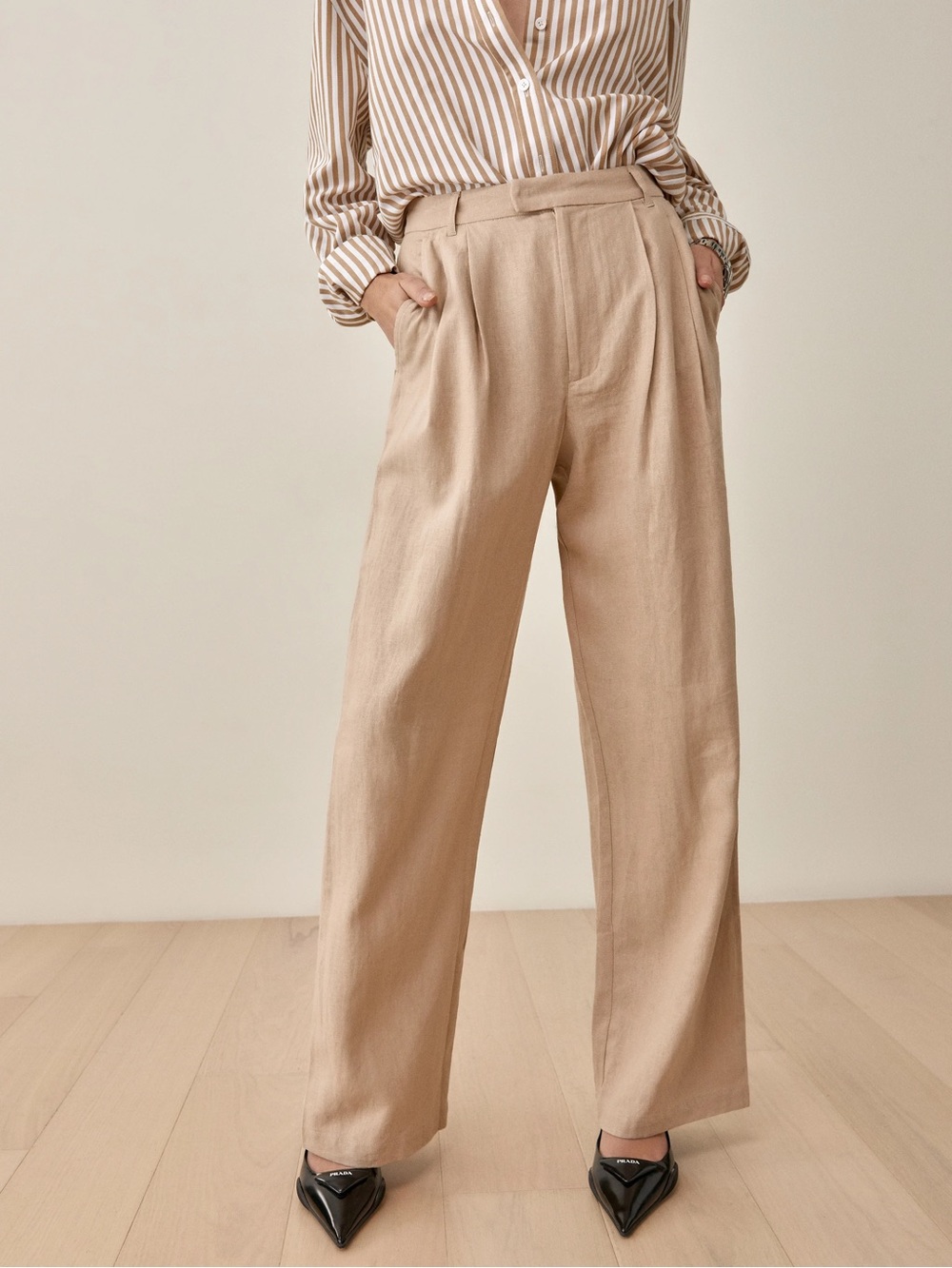Reformation Earl Pant Beige Wide-Leg High-Rise Trousers